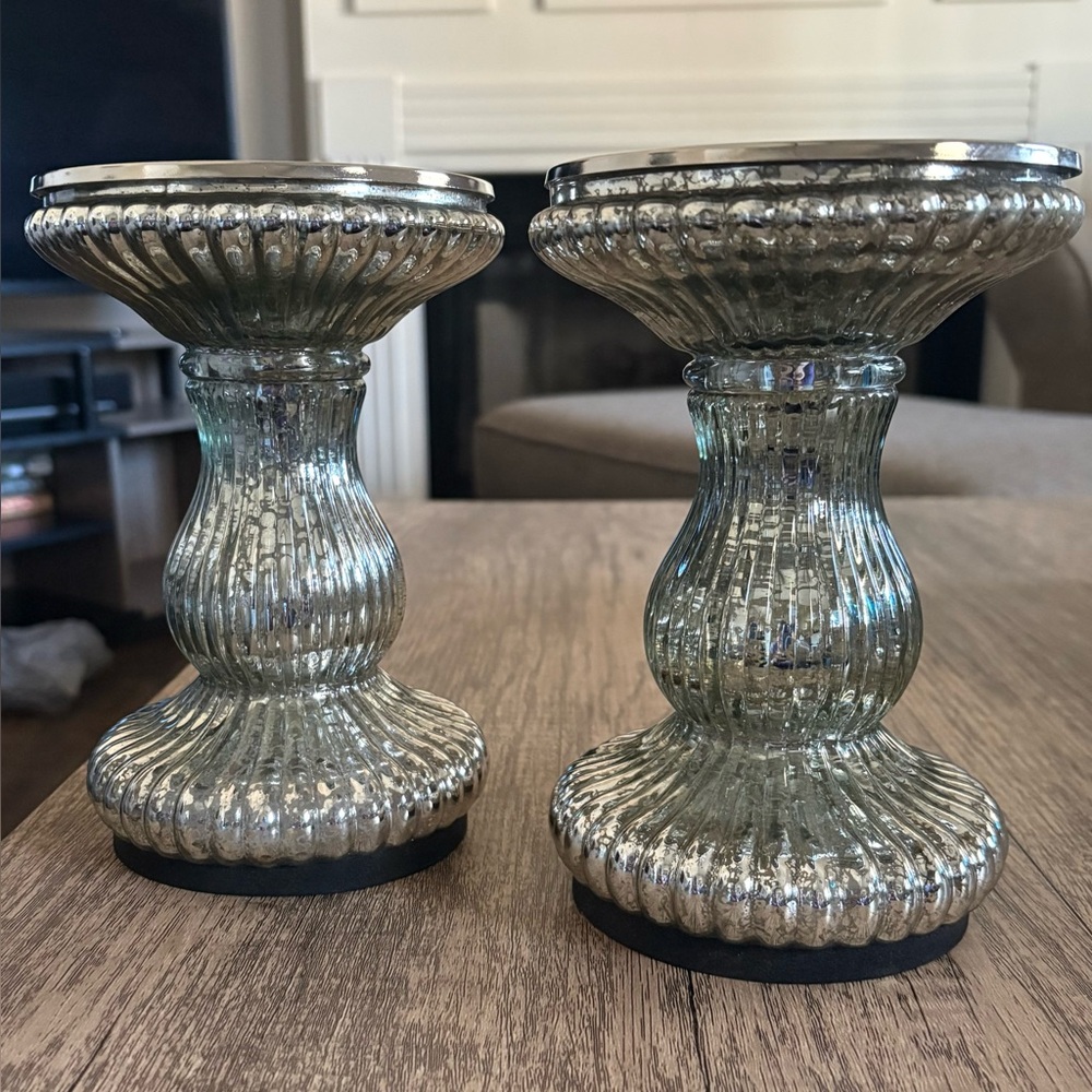 Valerie Parr Hill Lighted Silver Mercury Glass Candle Holders